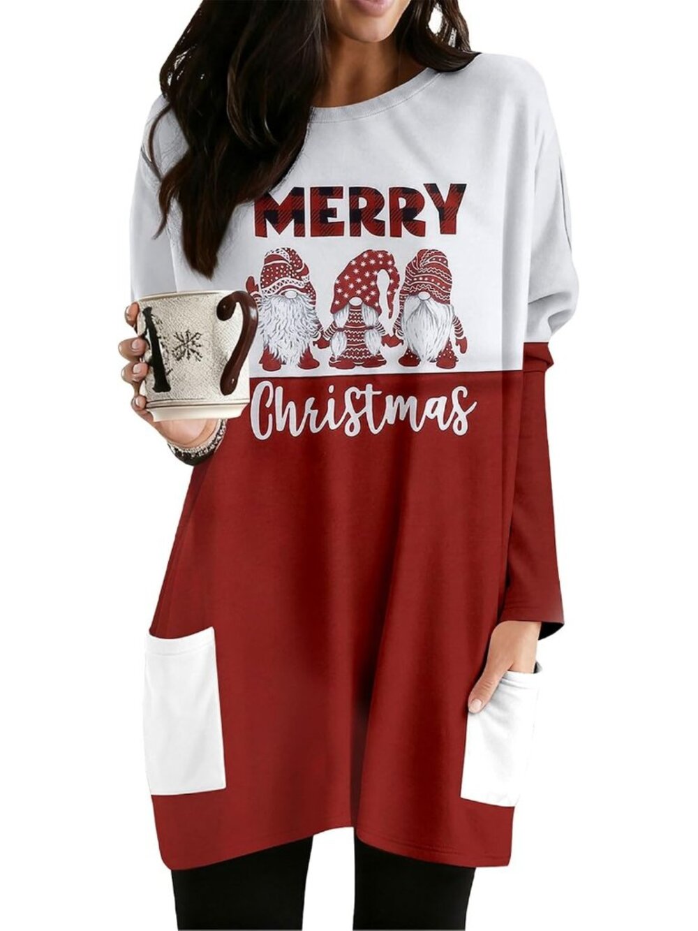 Women's White Red Gnome Christmas Long Sleeve Tops Printed Pockets Shirt Dress